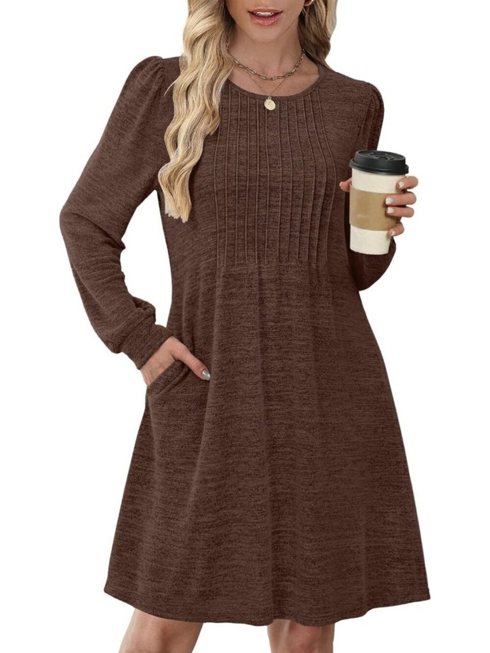 Women's Brown Pleated Crew Neck Pockets Fall Baby Doll Sweater Mini Dress - Picture 2 of 5